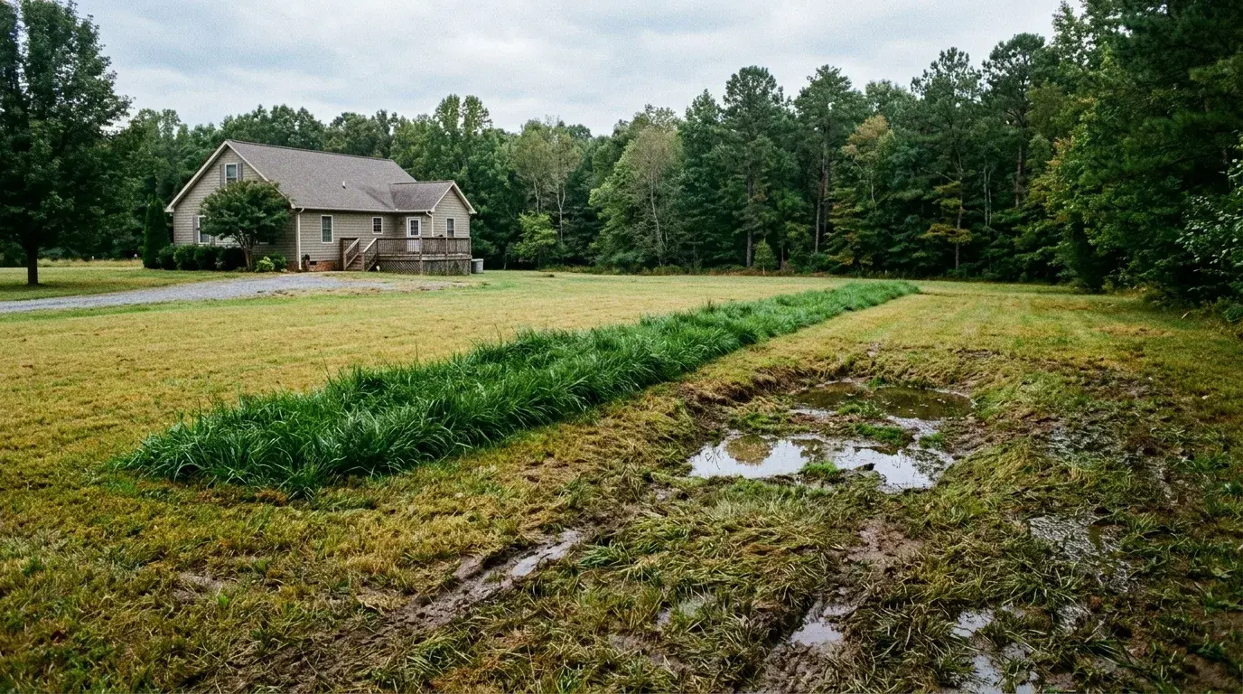 Residential Virginia lawn showing standing surface water and dark green grass over a saturated septic drain field