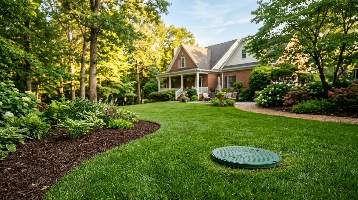 Well-maintained residential backyard lawn in Virginia with a flush green septic tank access riser lid