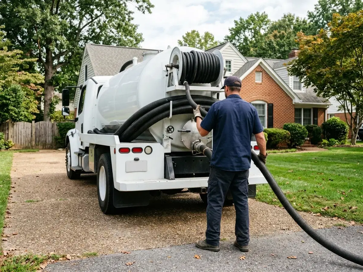 Septic technician in work gloves unspooling a suction hose from the rear reel of an unbranded white vacuum truck on a residential driveway